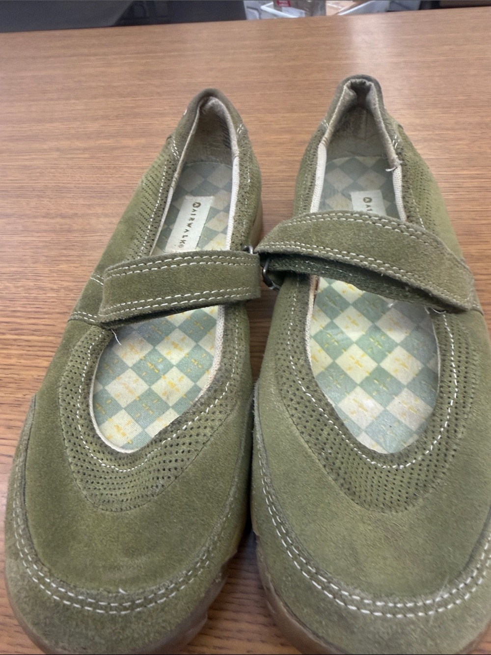 Airwalk Olive Suede Mary Jane Flats with Velcro Strap